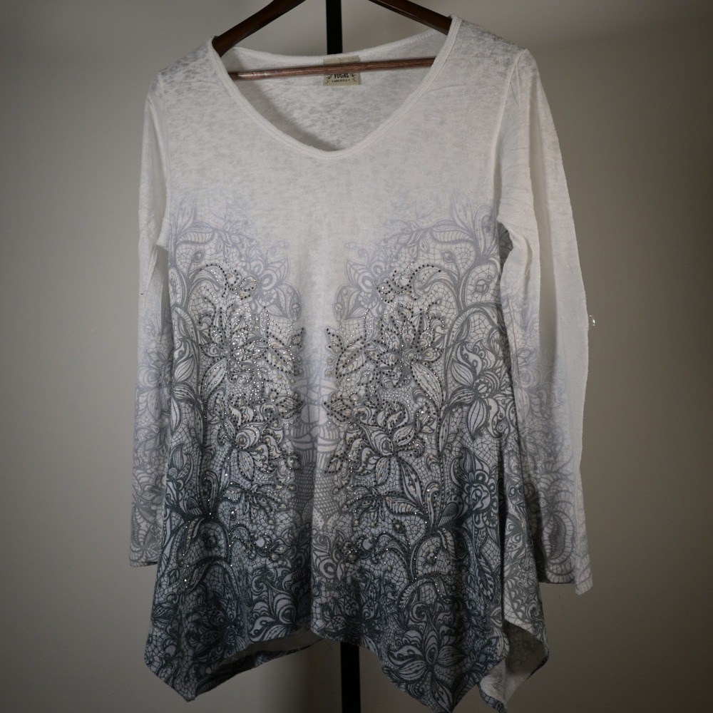 Vocal Womens‎ Rhinestone Embellished Ombre Floral Lace Top Grey White XL 13658L